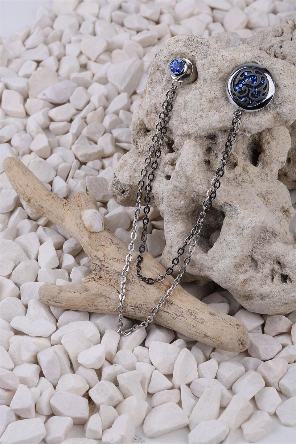 Gümüş Renk Mavi Taşlı Ceket Yaka İğnesi YI336