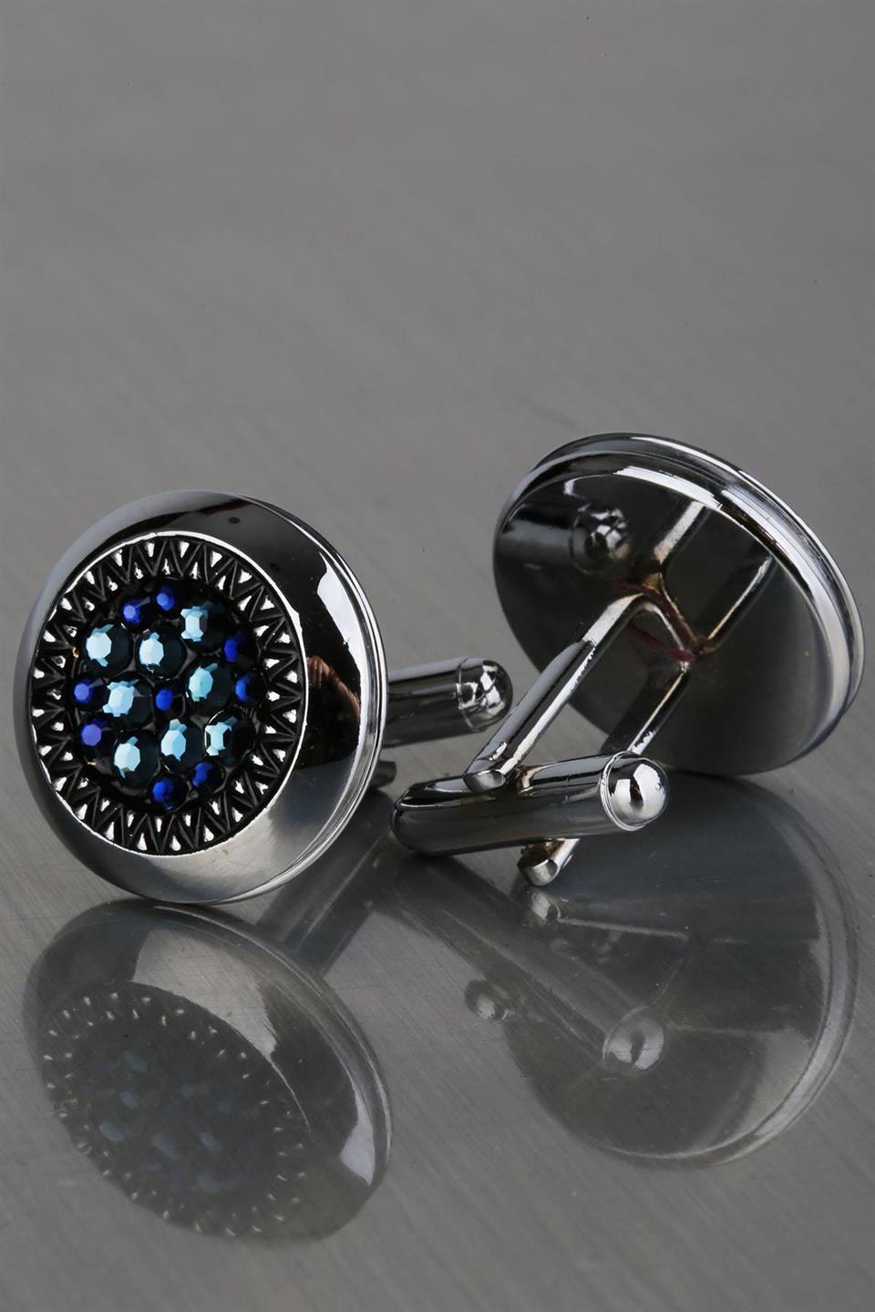 Gümüş Renk Mavi Taşlı Kol Düğmesi KD1211