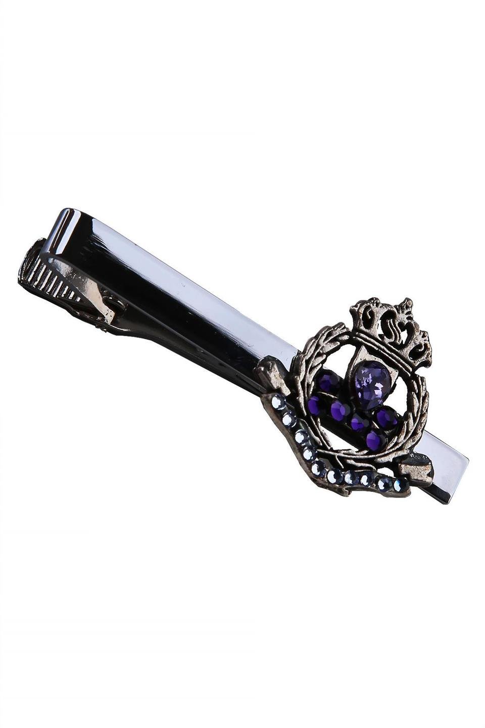Gümüş Renk Mor Taşlı Kral Tacı Motif Kravat İğnesi KIY598