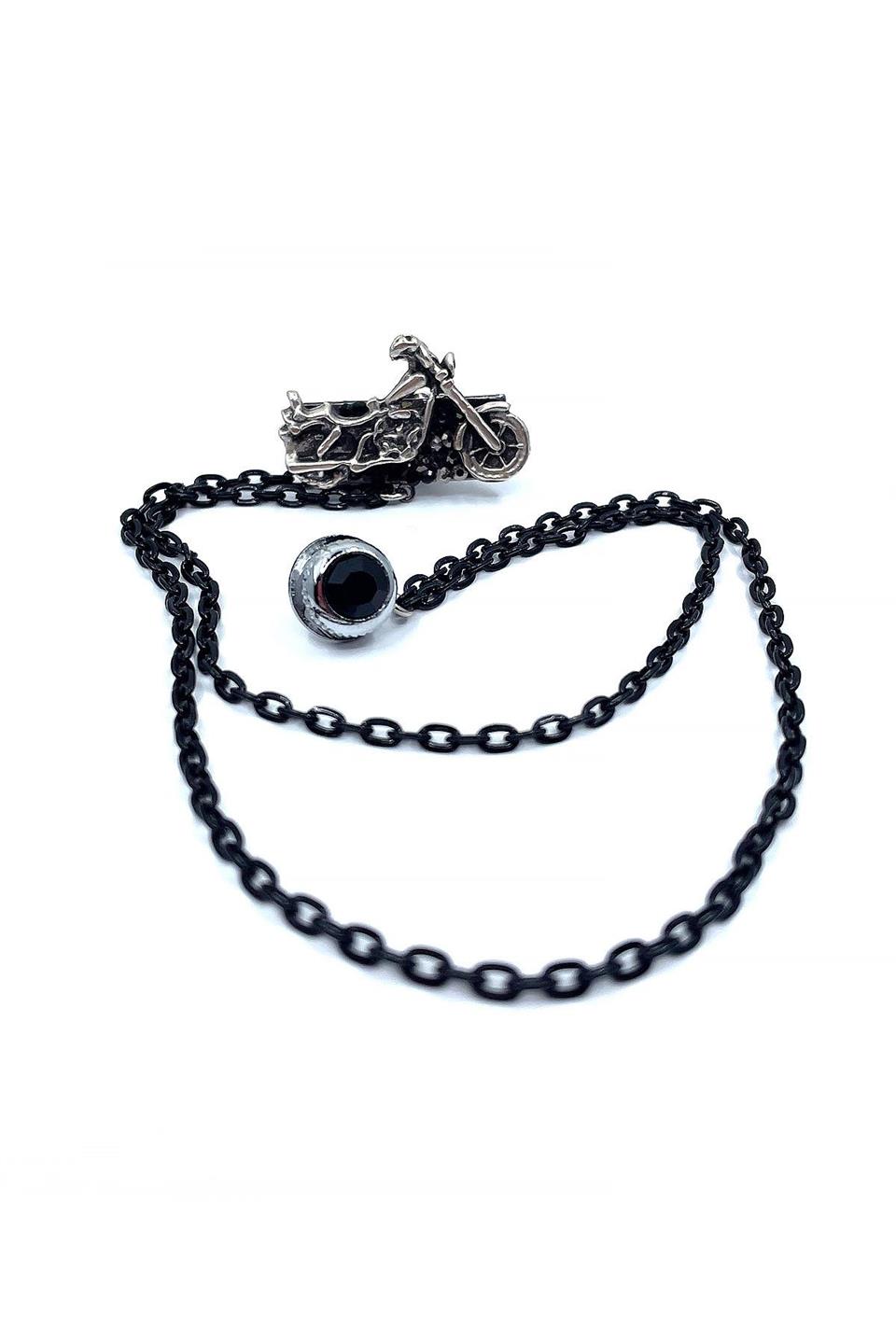 Gümüş Renk Motosiklet Motif Siyah Taşlı Ceket Yaka İğnesi YI373