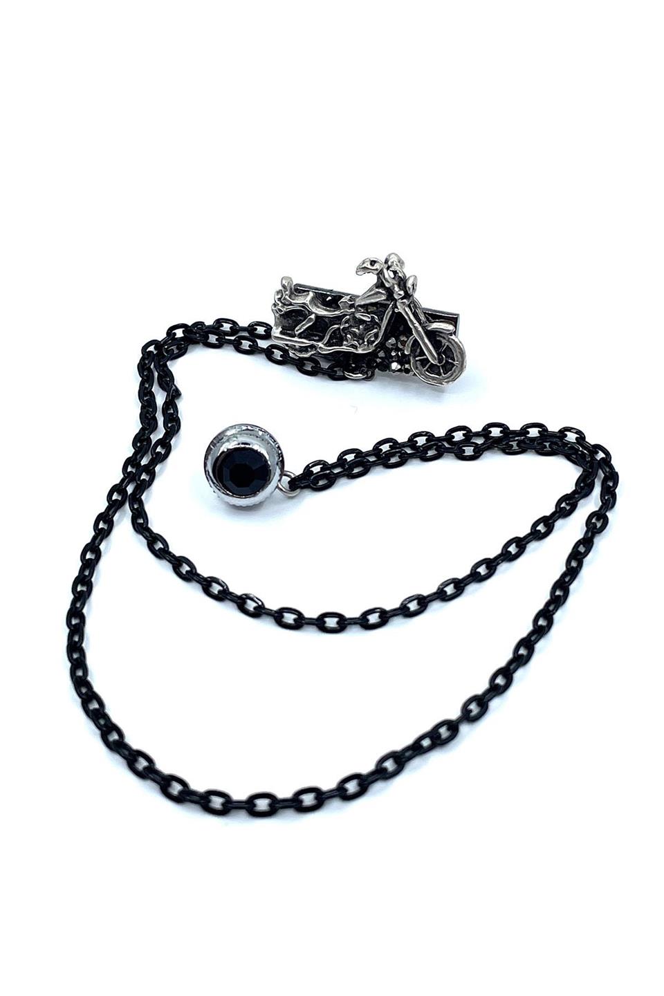 Gümüş Renk Motosiklet Motif Siyah Taşlı Ceket Yaka İğnesi YI373