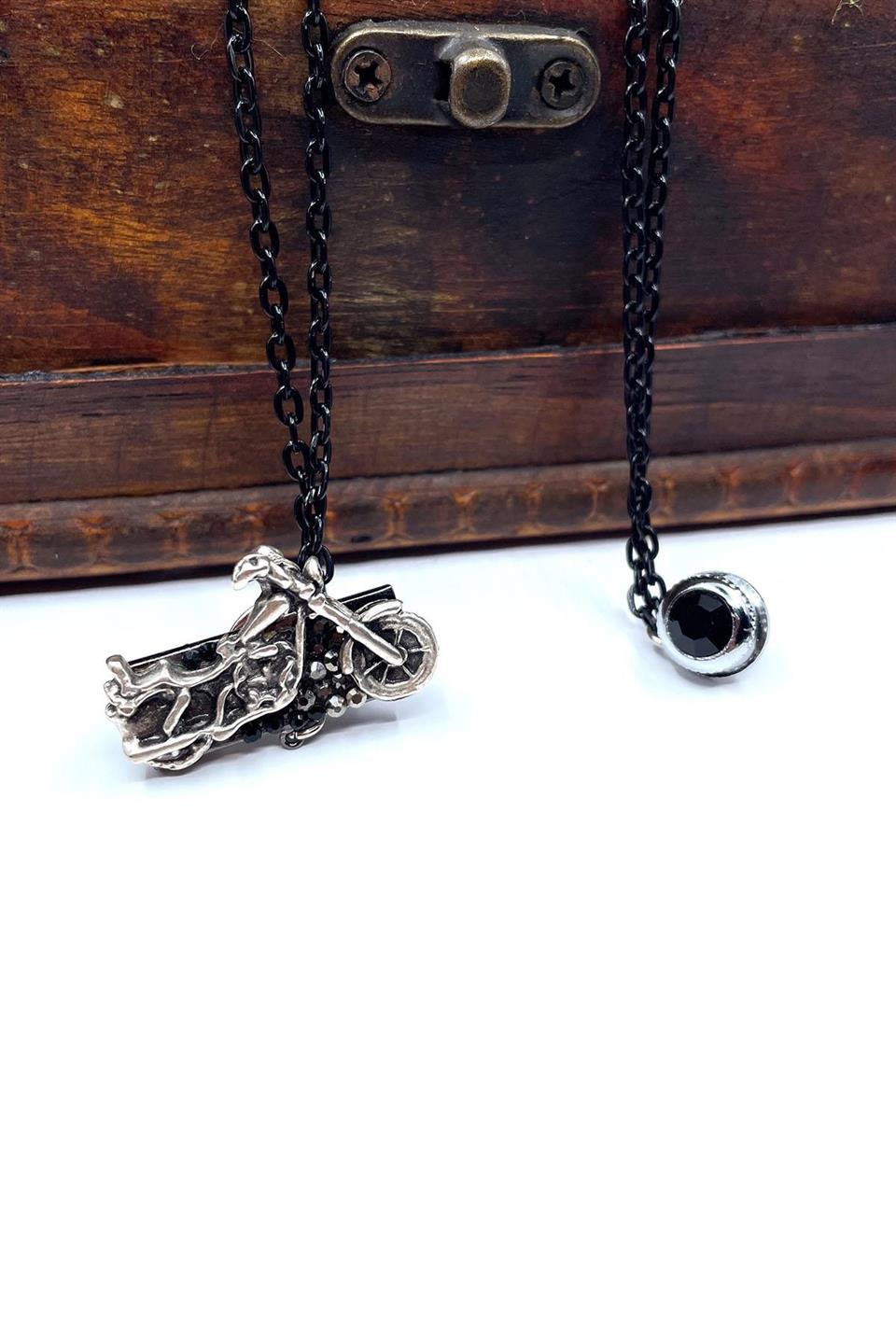 Gümüş Renk Motosiklet Motif Siyah Taşlı Ceket Yaka İğnesi YI373