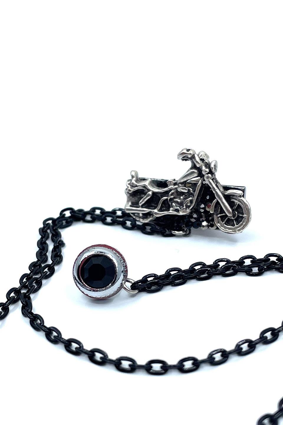 Gümüş Renk Motosiklet Motif Siyah Taşlı Ceket Yaka İğnesi YI373
