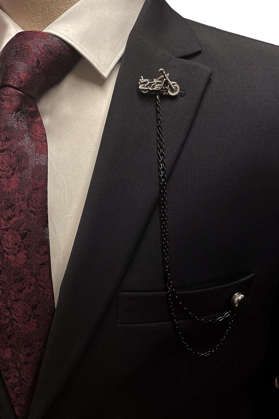 Gümüş Renk Motosiklet Motif Siyah Taşlı Ceket Yaka İğnesi YI373