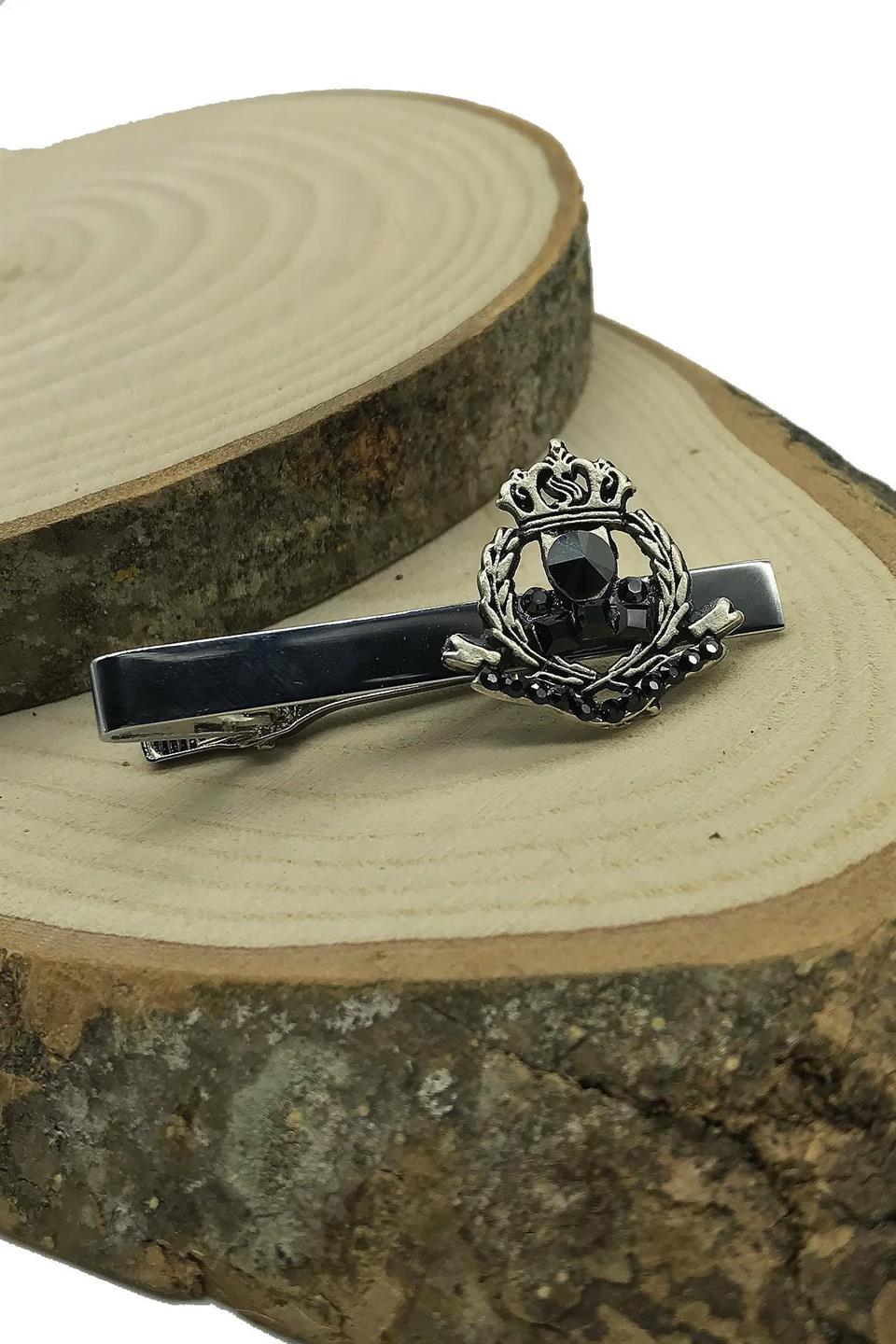 Gümüş Renk Siyah Taşlı Kral Tacı Motif Kravat İğnesi KIY597