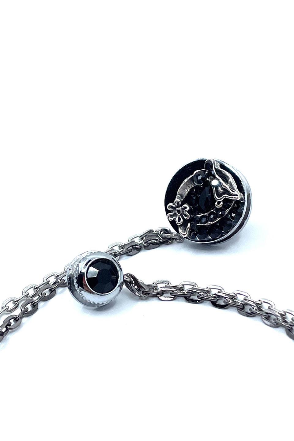 Gümüş Renk Siyah Taşlı Zincirli Ceket Yaka İğnesi YI378