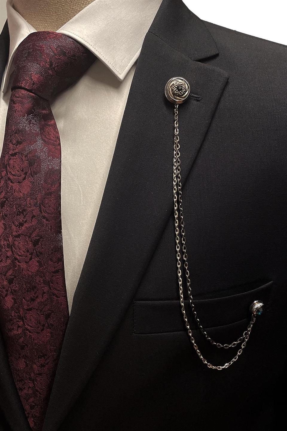 Gümüş Renk Siyah Taşlı Zincirli Ceket Yaka İğnesi YI385