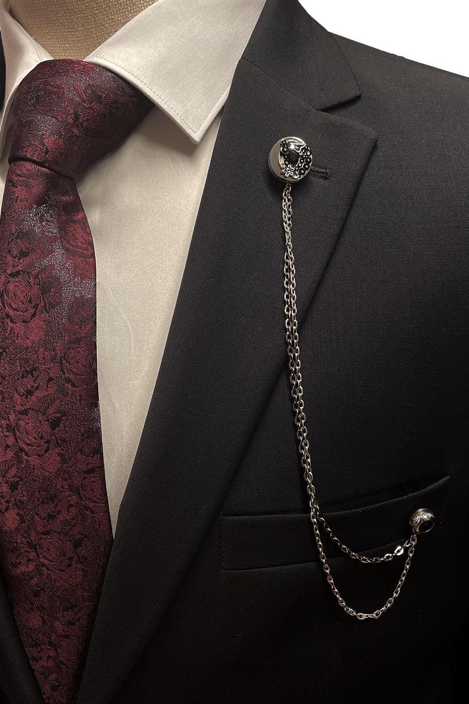 Gümüş Renk Siyah Taşlı Zincirli Ceket Yaka İğnesi YI378