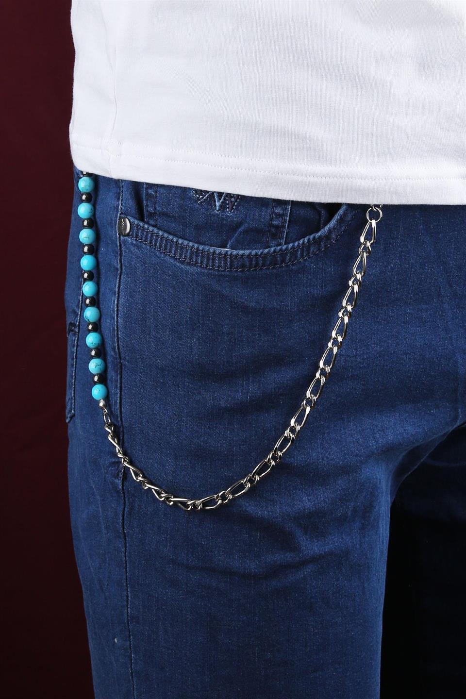 Gümüş Renk Tekli Turkuaz Doğal Taş Detaylı Pantolon Zinciri PZ79