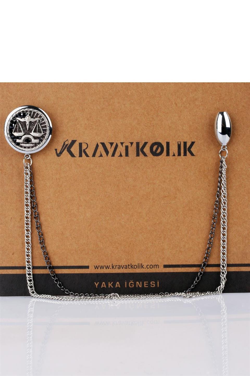Gümüş Renk Terazi Burcu Taşlı Zincirli Yaka İğnesi YI286