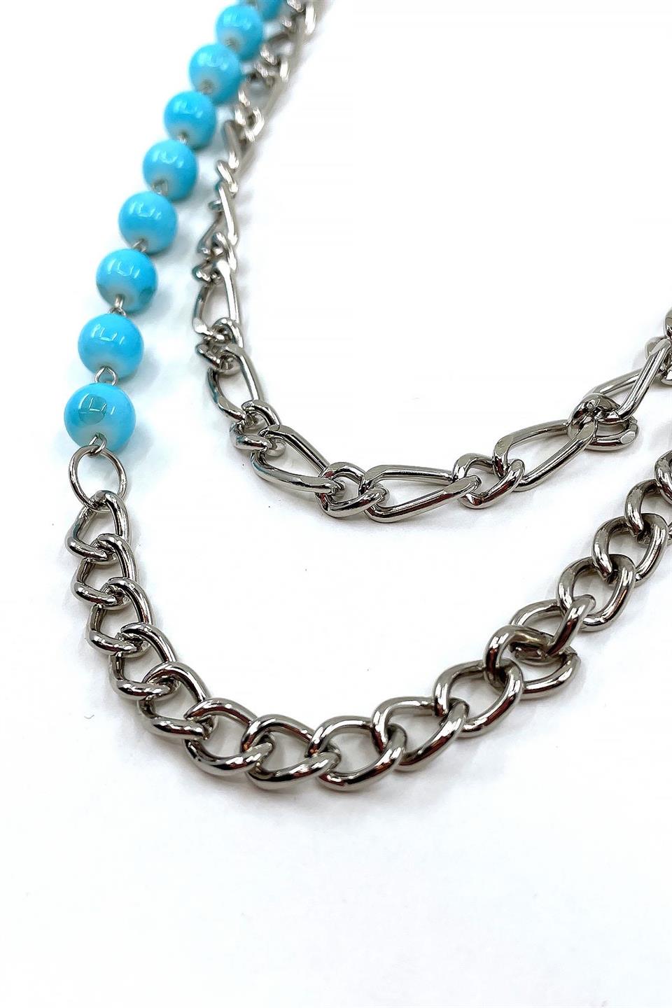 Gümüş Renk Turkuaz Doğal Taş Detaylı Pantolon Zinciri PZ93