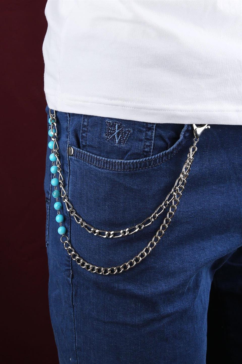 Gümüş Renk Turkuaz Doğal Taş Detaylı Pantolon Zinciri PZ93