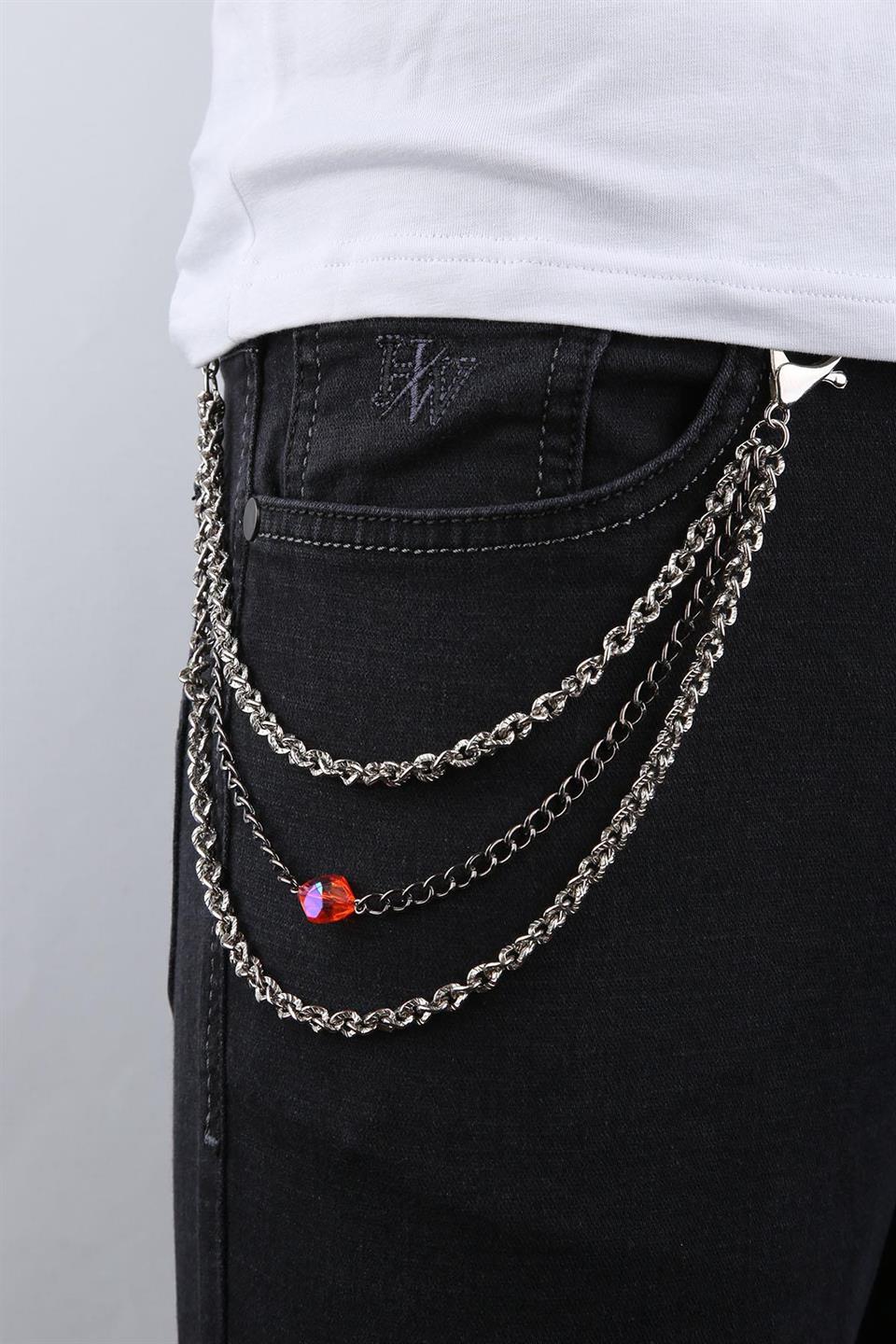 Gümüş Renk Turuncu Taşlı Pantolon Zinciri PZ55