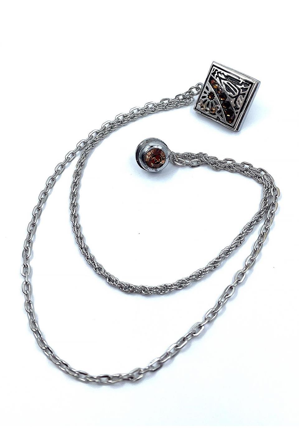 Gümüş Renk Turuncu Taşlı Zincirli Ceket Yaka İğnesi YI359