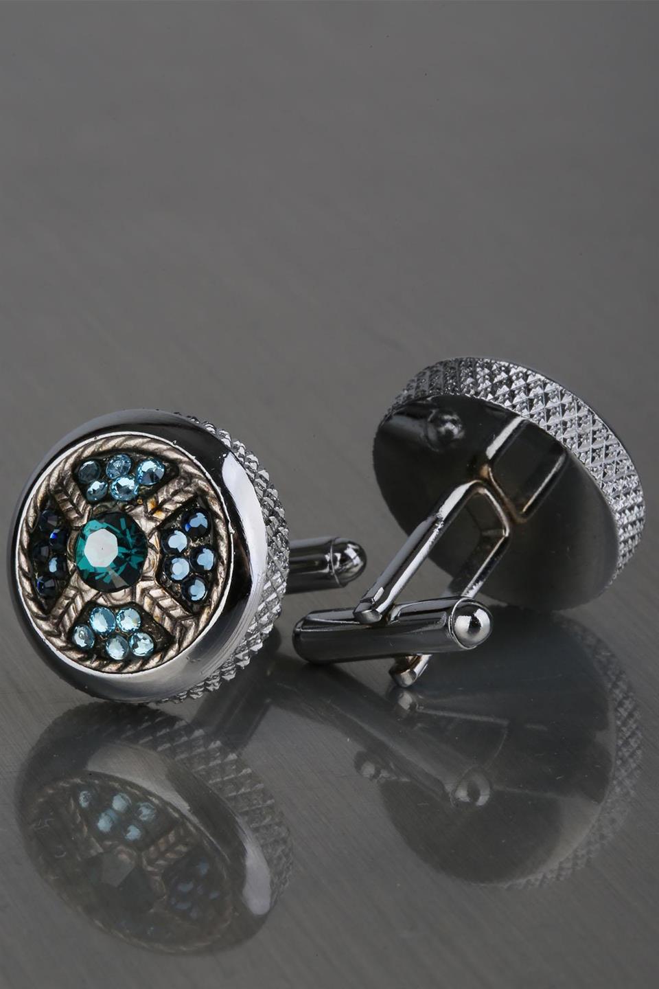 Gümüş Renk Yeşil Taşlı Kol Düğmesi KD1209