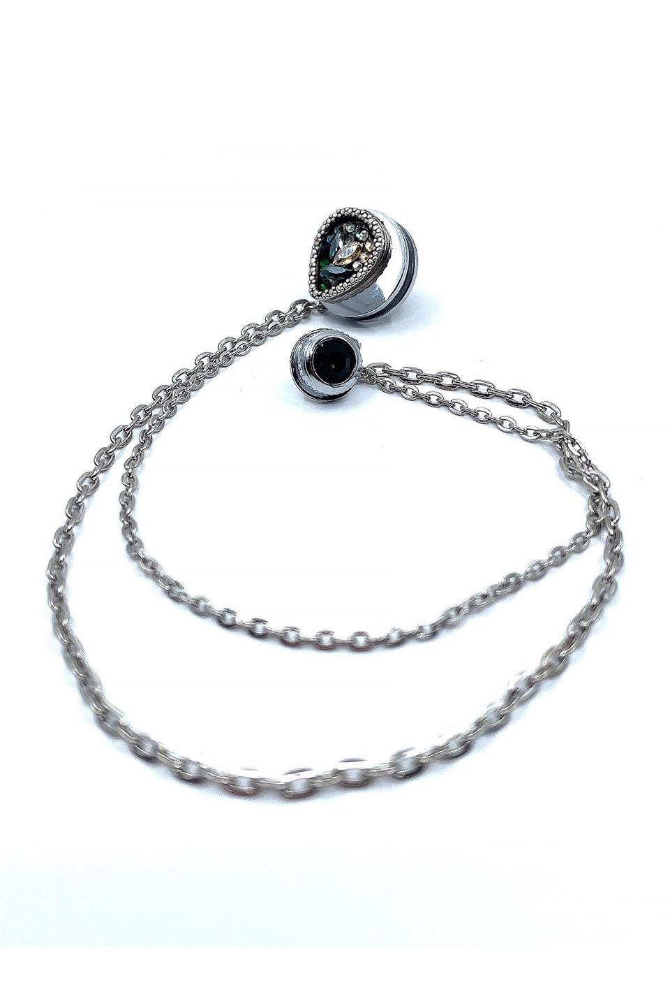 Gümüş Renk Yeşil Taşlı Zincirli Ceket Yaka İğnesi YI363