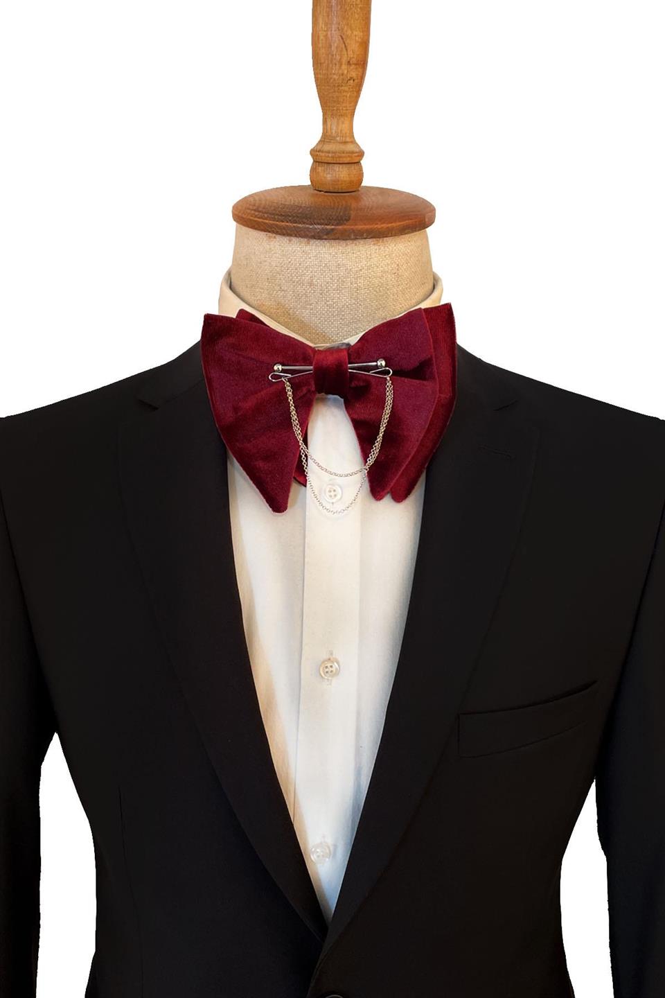 Gümüş Renk Zincirli Bordo Kadife Büyük Papyon  P1408