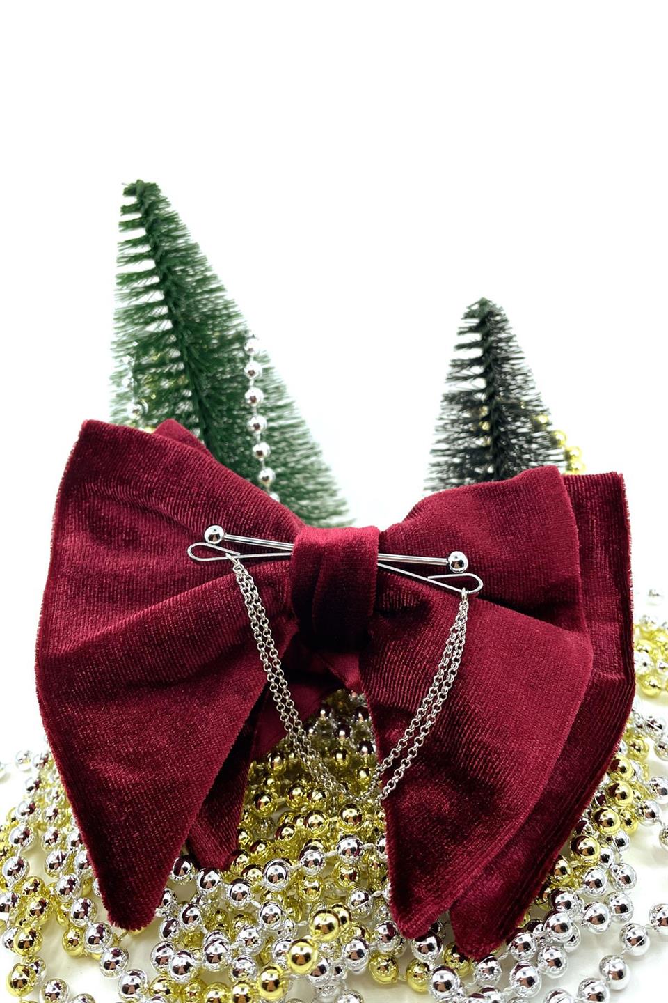 Gümüş Renk Zincirli Bordo Kadife Büyük Papyon  P1408