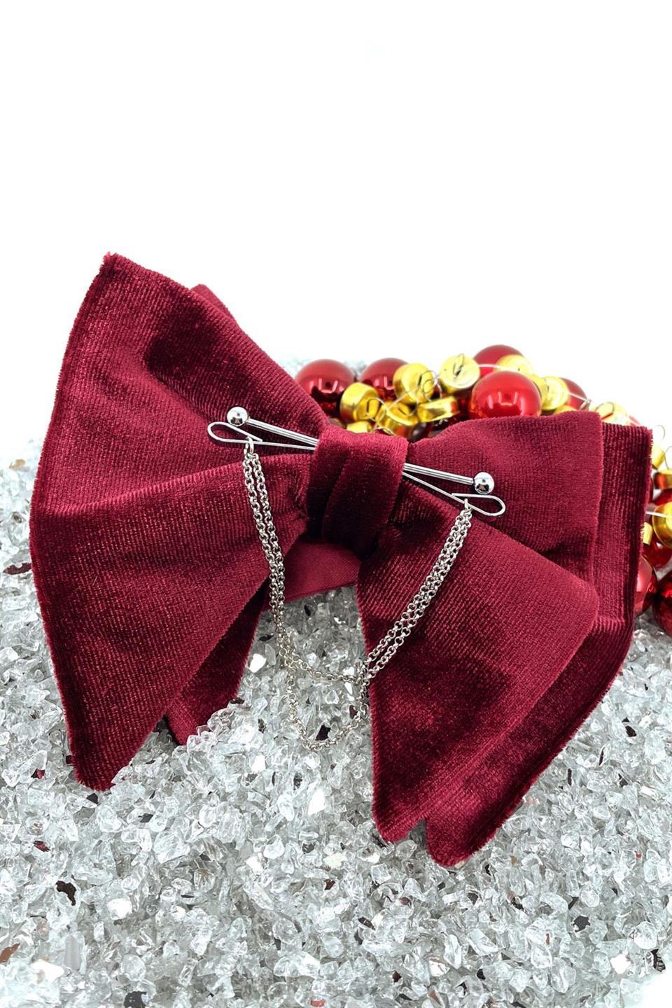 Gümüş Renk Zincirli Bordo Kadife Büyük Papyon  P1408