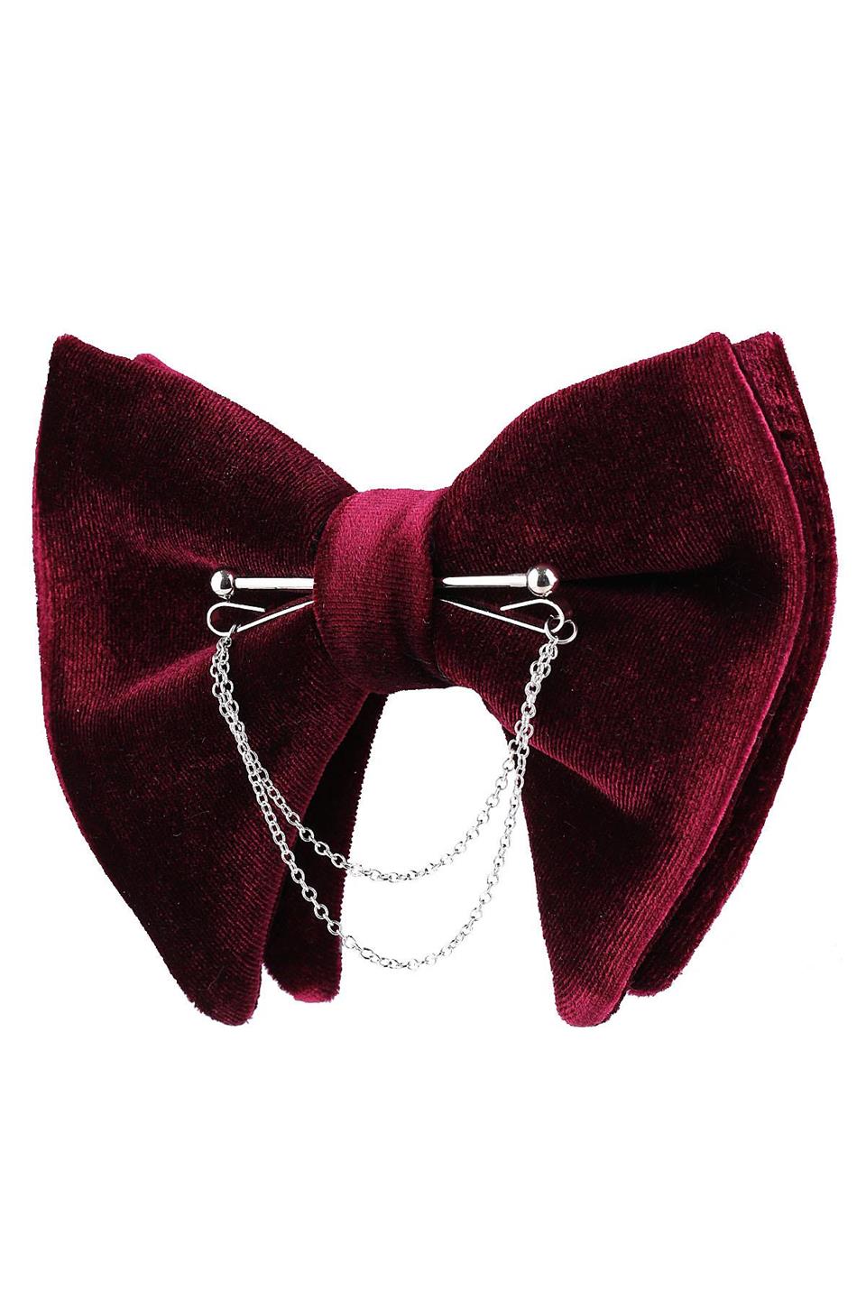 Gümüş Renk Zincirli Bordo Kadife Büyük Papyon  P1408
