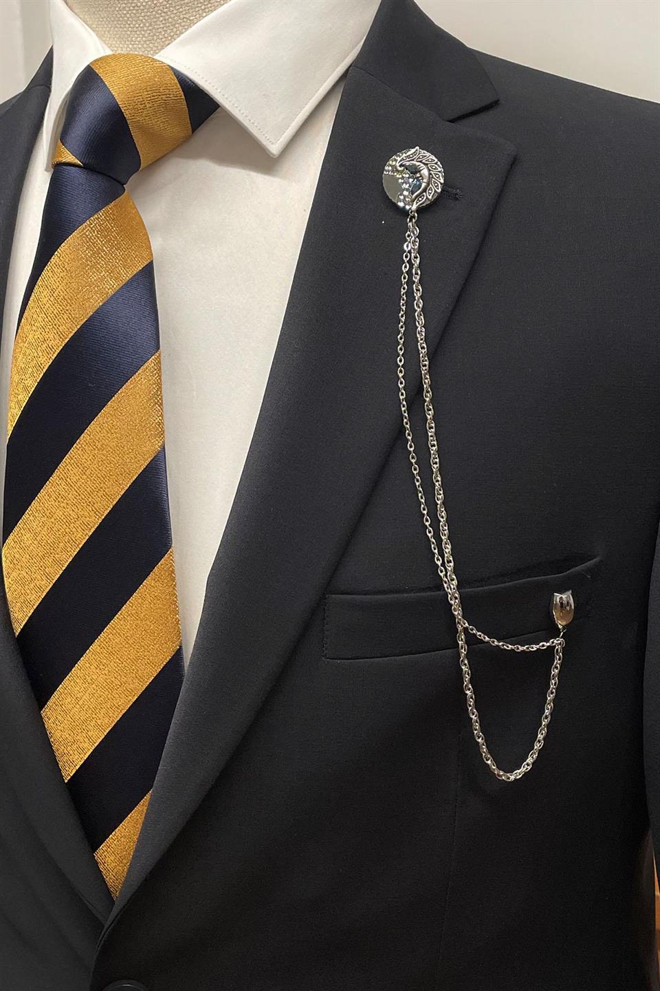 Gümüş Renk Zincirli Ceket Yaka İğnesi YI405