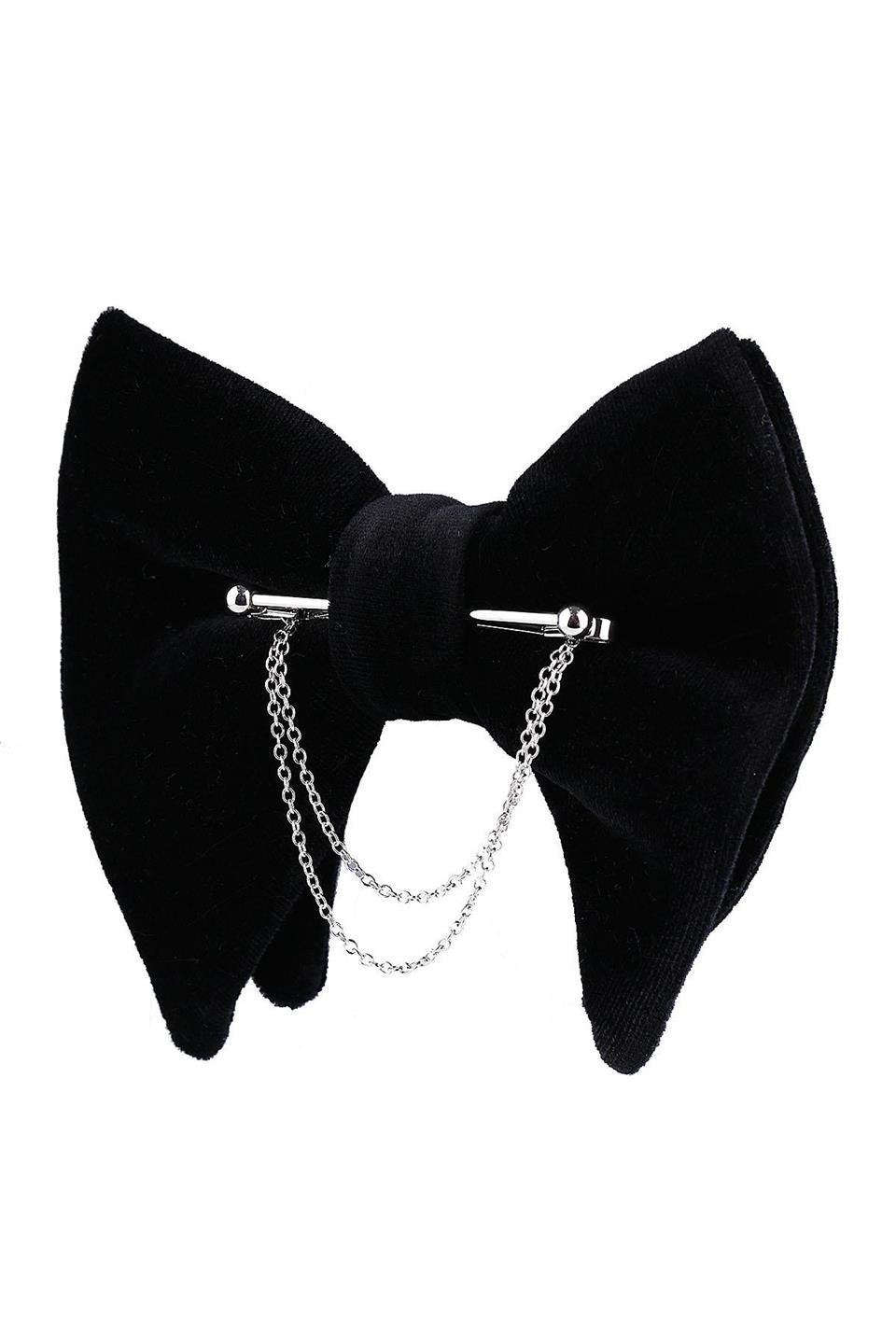 Gümüş Renk Zincirli Siyah Kadife Büyük Papyon P1407