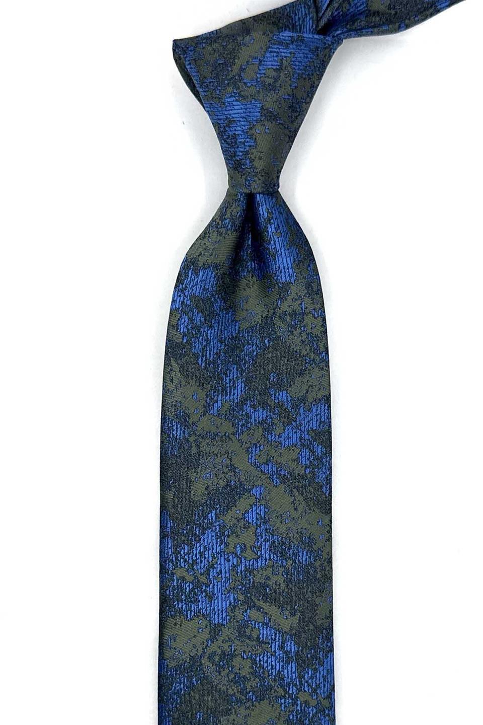 Haki - Mavi Motif Desen İnce Kravat SK8069