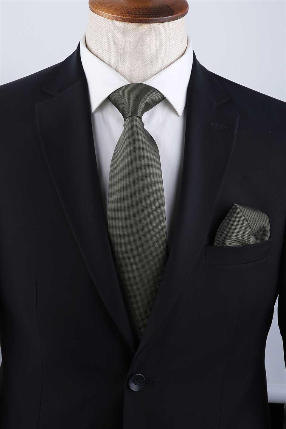 Haki Yeşil Nokta Desen Mendilli Klasik Kravat KK9202