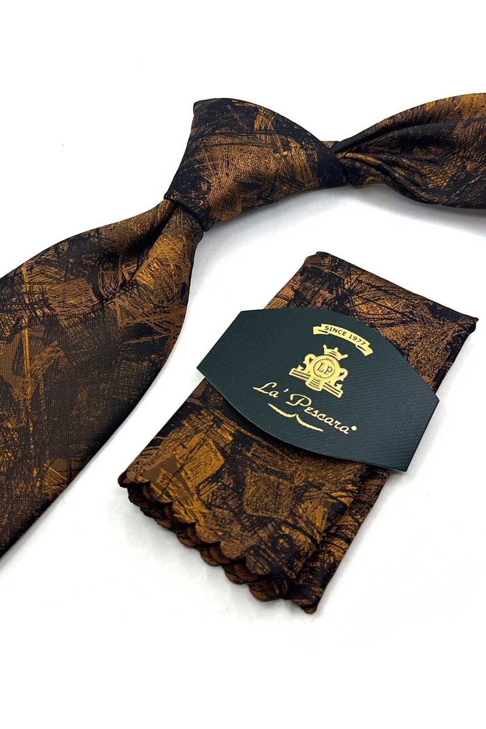 Hardal Kahve Motif Desen Mendilli Klasik Kravat KK13749