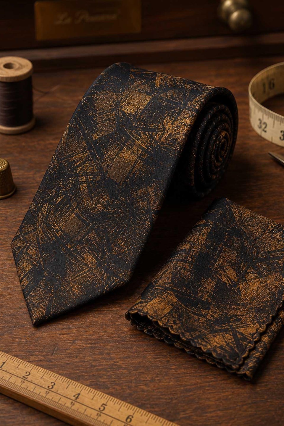 Hardal Kahve Motif Desen Mendilli Klasik Kravat KK13749