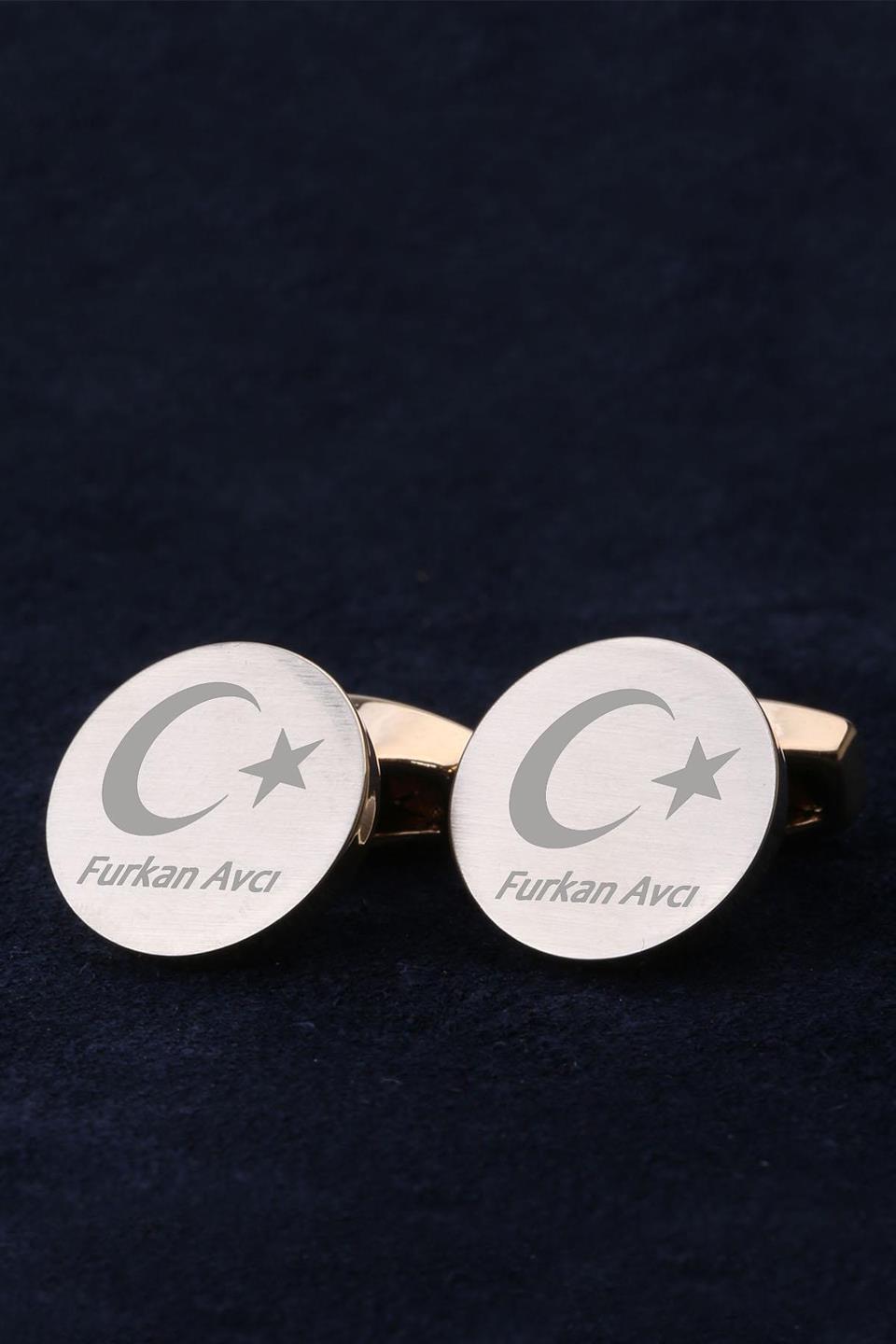 İsme Özel Ay Yıldız Erkeğe Hediye Altın Renk Kol Düğmesi