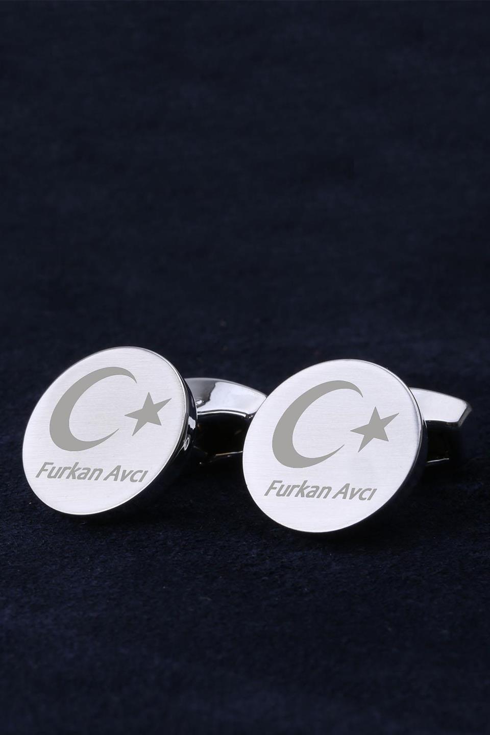 İsme Özel Ay Yıldız Erkeğe Hediye Gümüş Renk Kol Düğmesi