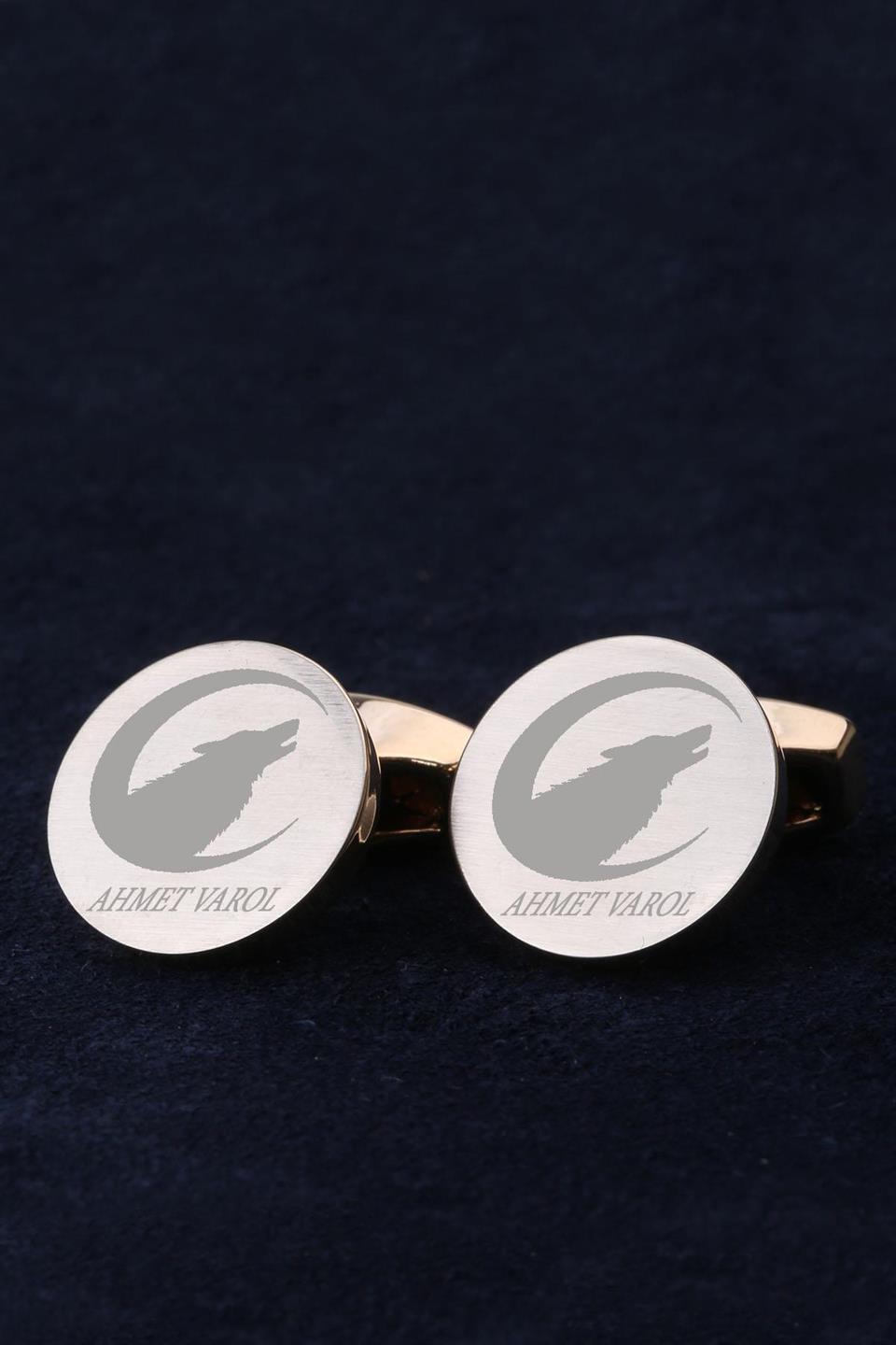 İsme Özel Erkeğe Hediye Kurt Motif Altın Renk Kol Düğmesi
