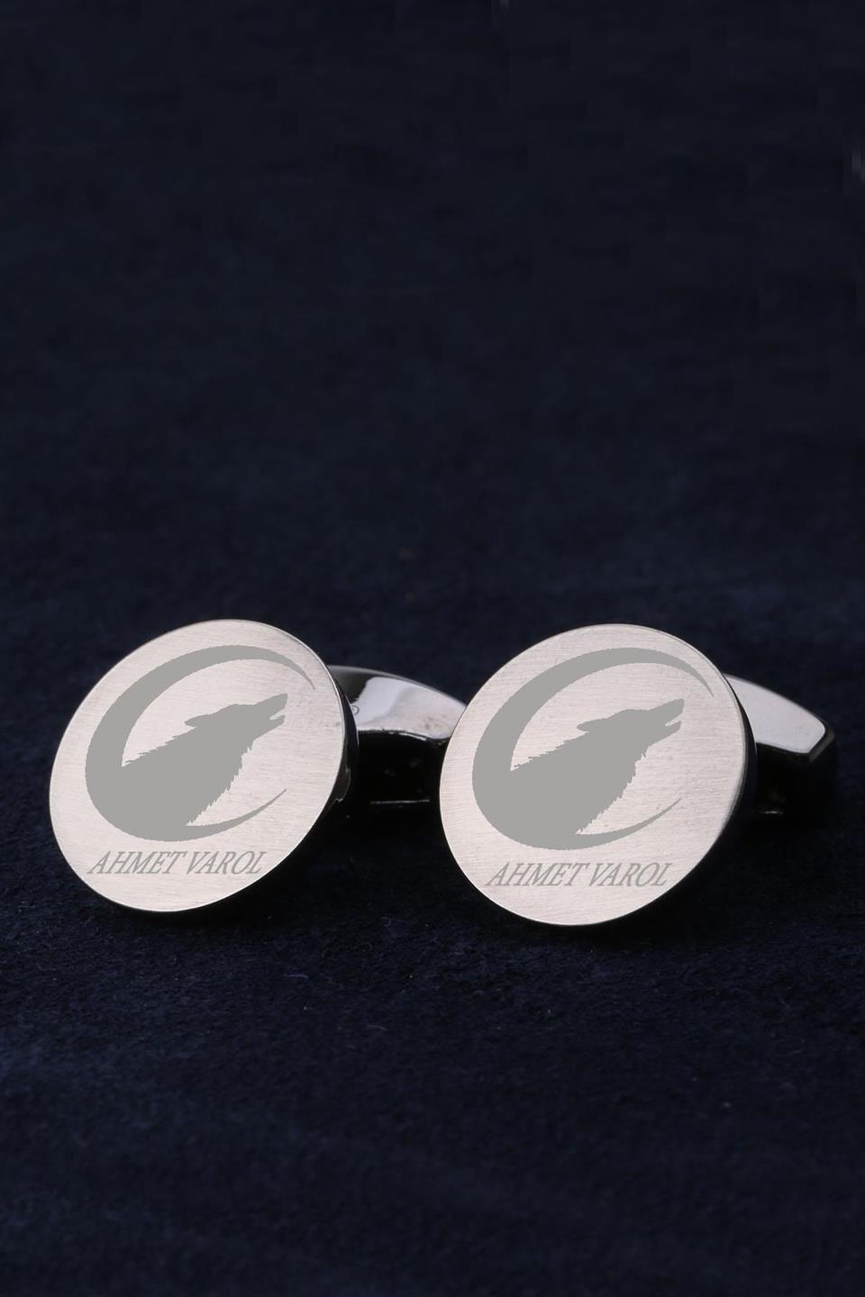 İsme Özel Erkeğe Hediye Kurt Motif Füme Renk Kol Düğmesi