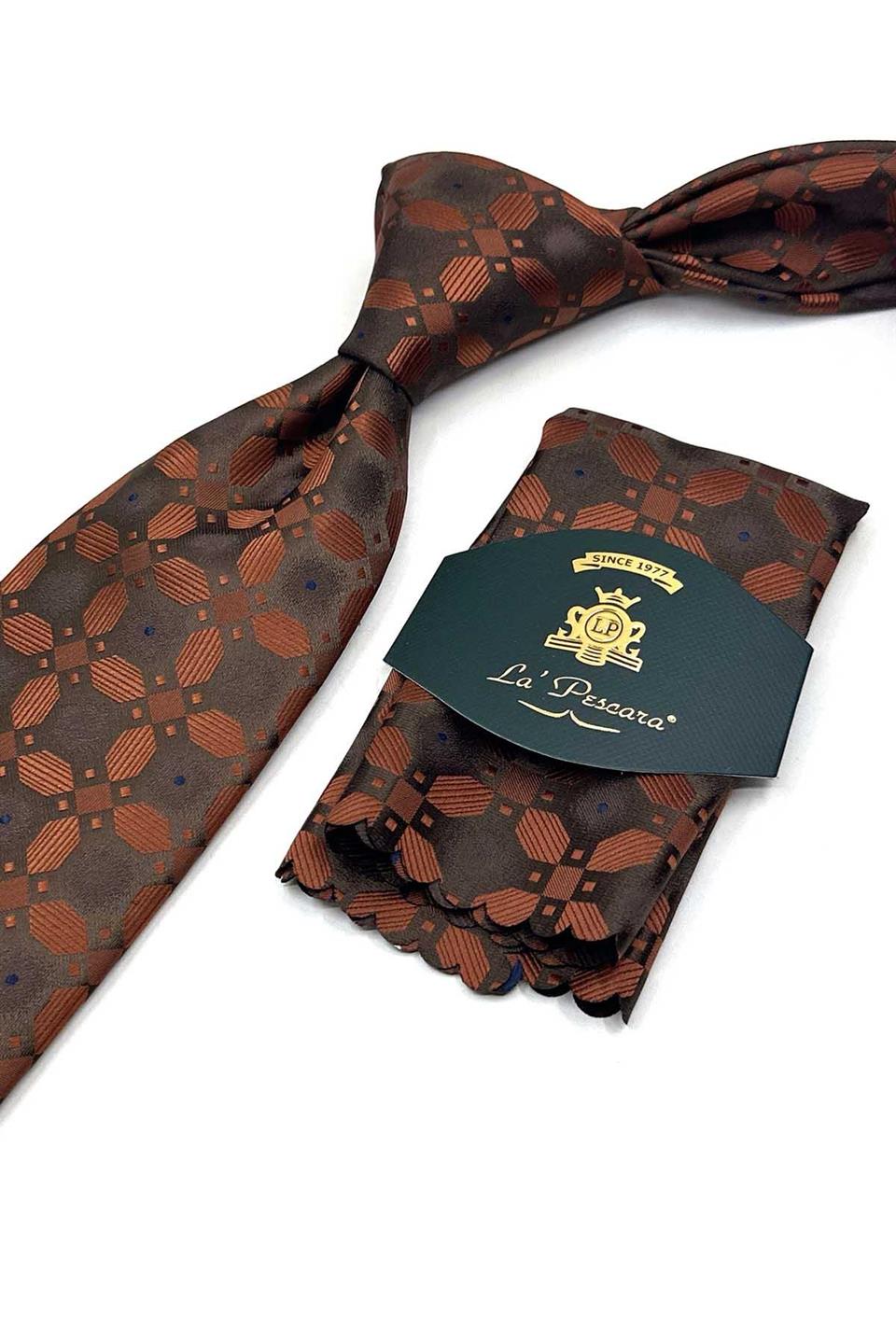 Kahve - Bakır Motif Desen Mendilli Klasik Kravat KK13600