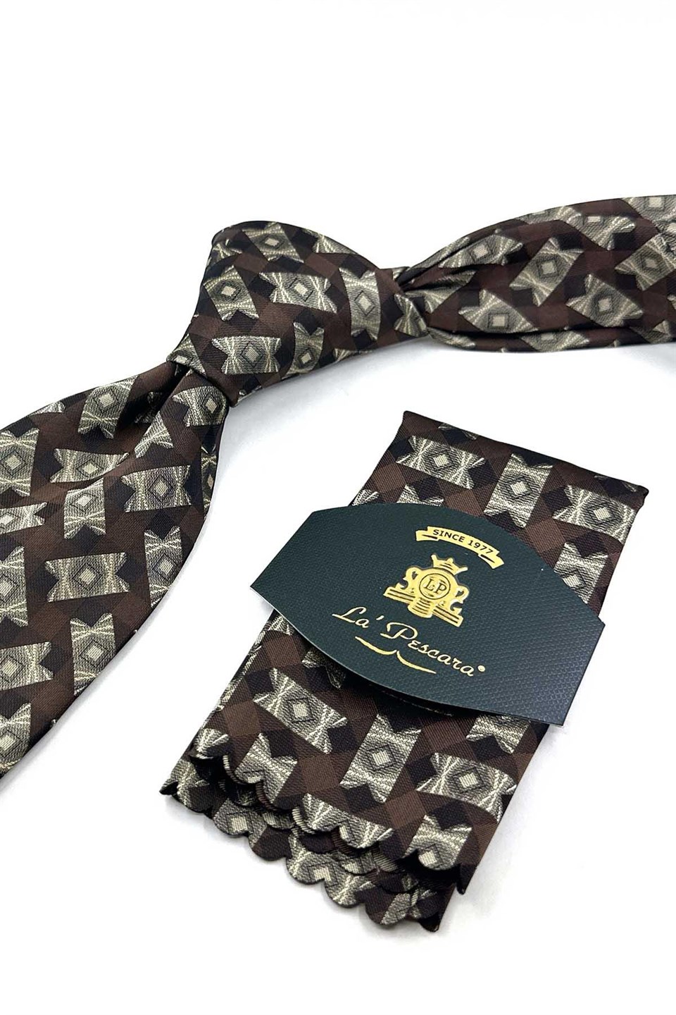 Kahve Bej Motif Desen Mendilli Klasik Kravat KK13938