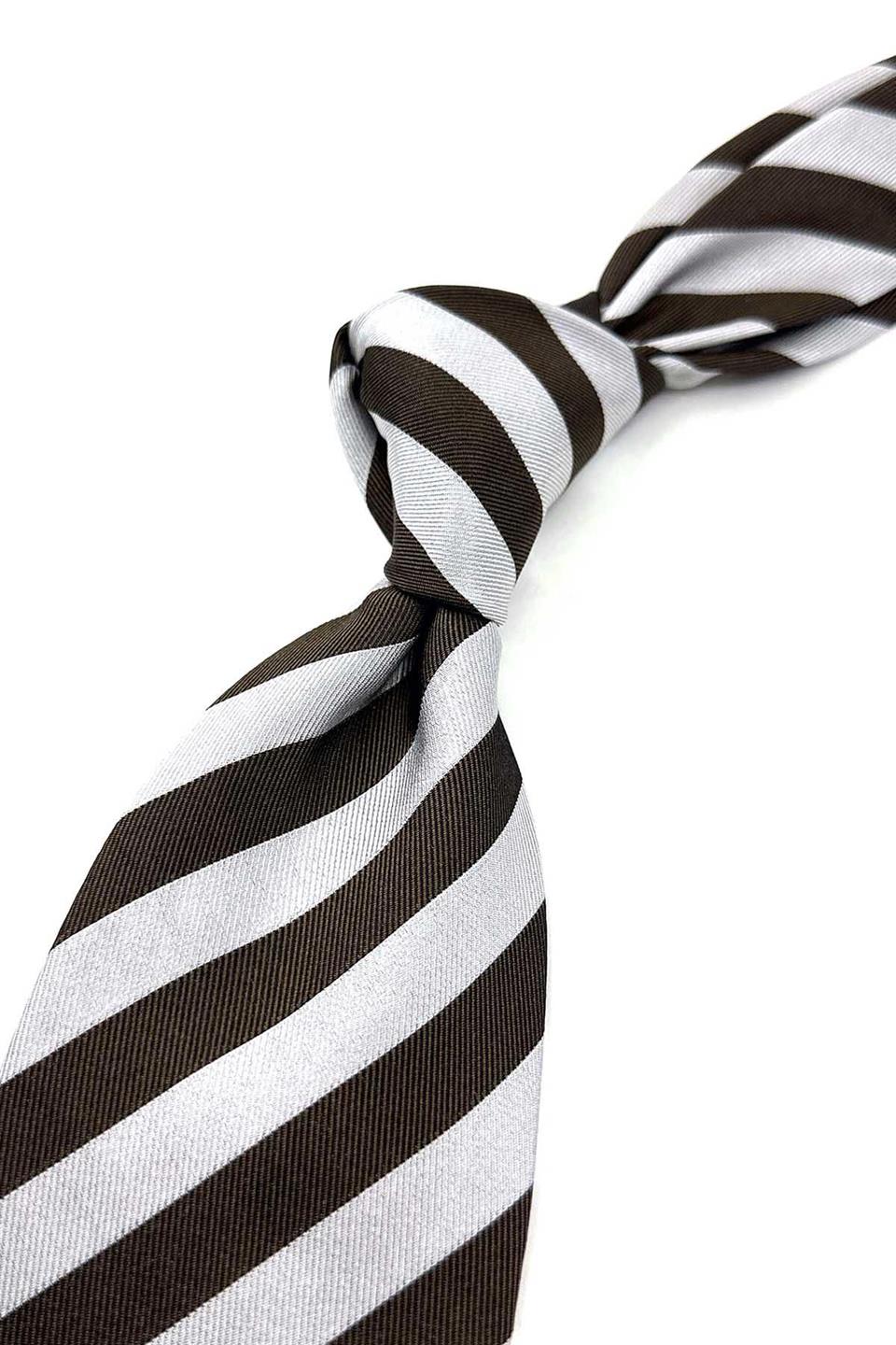 Kahve - Beyaz Çizgi Desen İtalyan İpek Kravat İK1677