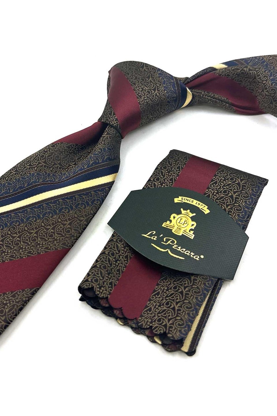 Kahve Bordo Çizgi Desen Mendilli Klasik Kravat KK13708