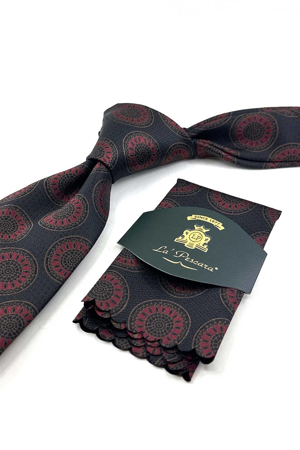 Kahve Bordo Motif Desen Mendilli Klasik Kravat KK13971