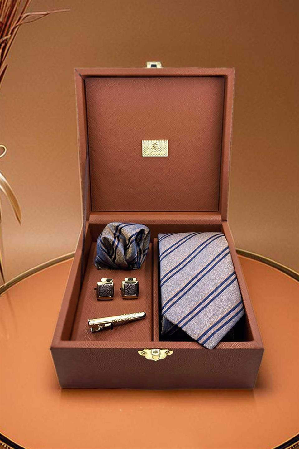 Kahve Erkek Hediye Kutusu - Kravat Kol Düğmesi Kravat İğnesi KMK26