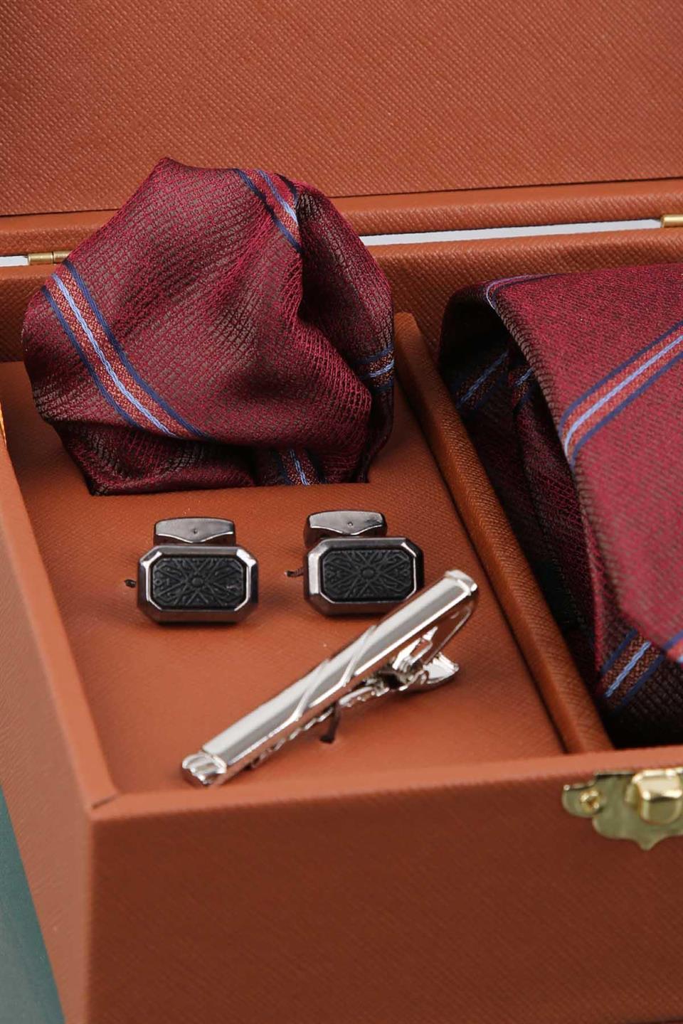 Kahve Erkek Hediye Kutusu - Mendilli Kravat Kol Düğmesi Kravat İğnesi KMK81