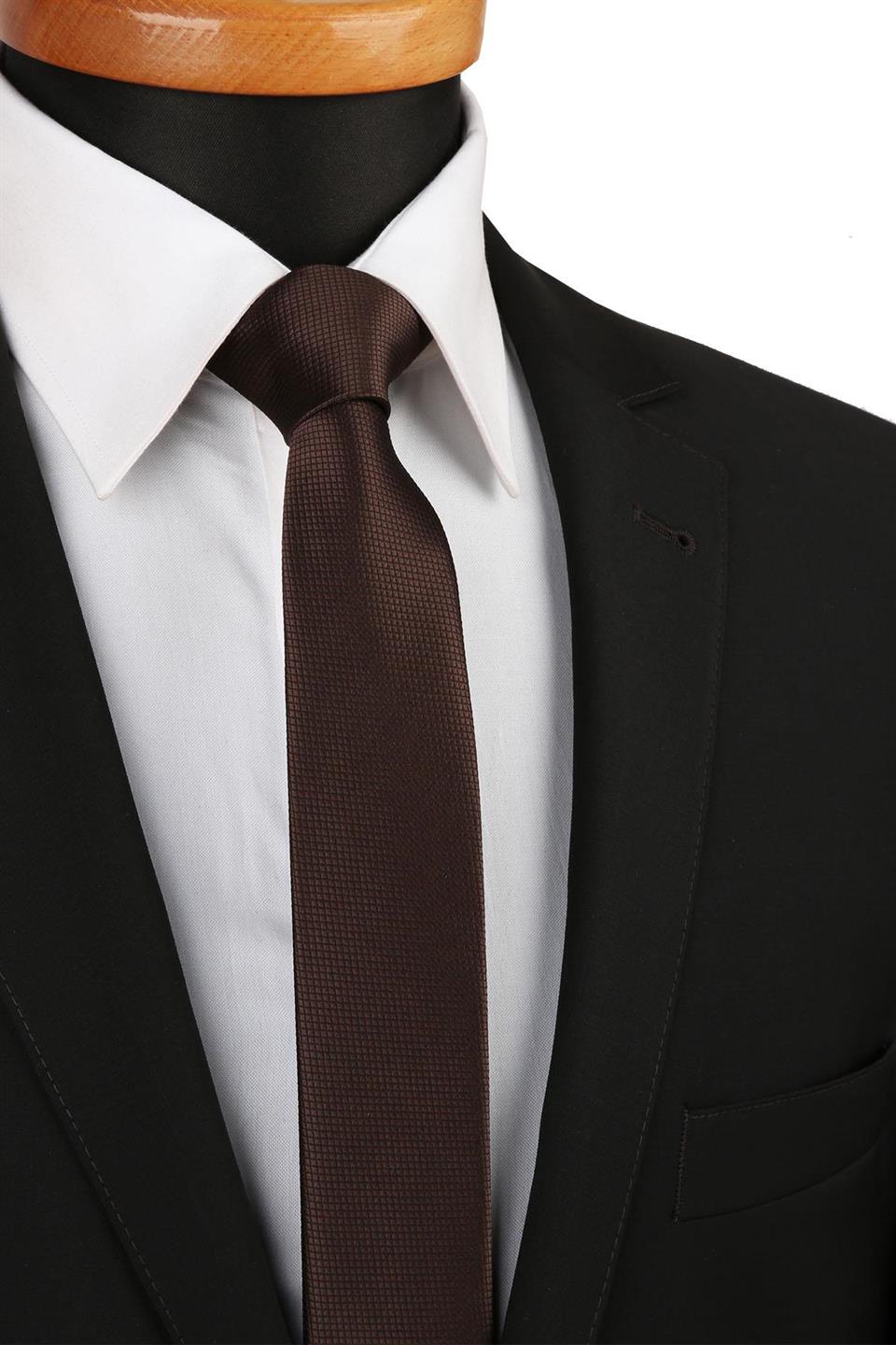 Kahve Kendinden Desen Çok İnce Kravat UST15
