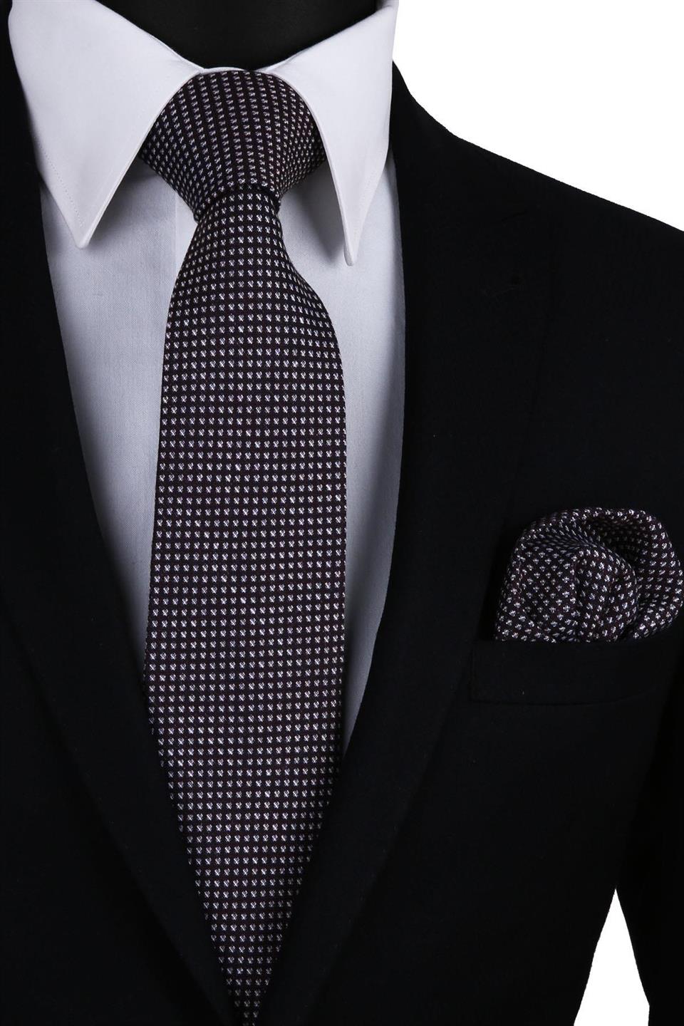 Kahve - Laci Küçük Desen Mendilli Klasik Keten Kravat KK9160