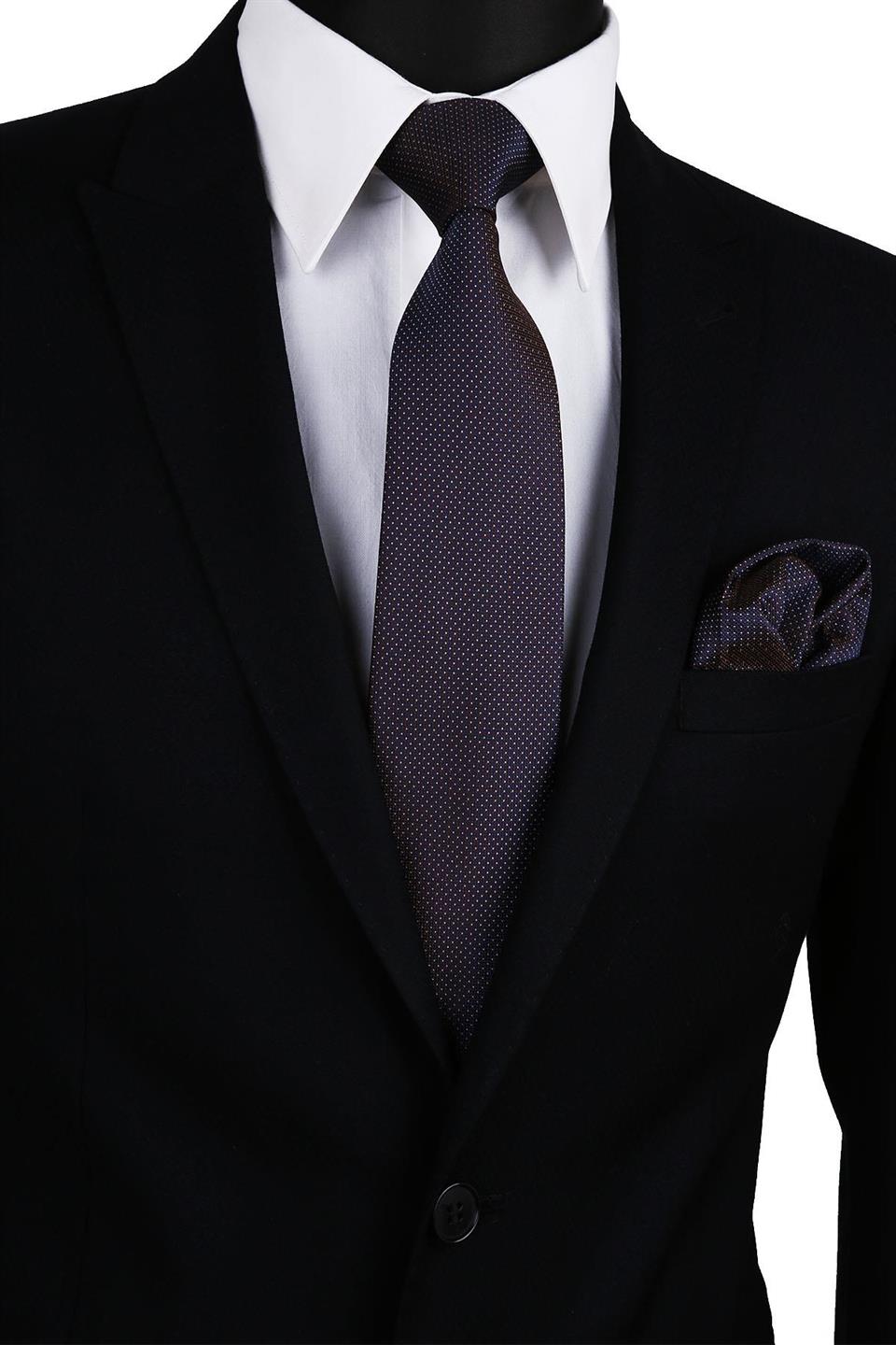 Kahve - Laci Nokta Desen Mendilli Klasik Kravat KK9816