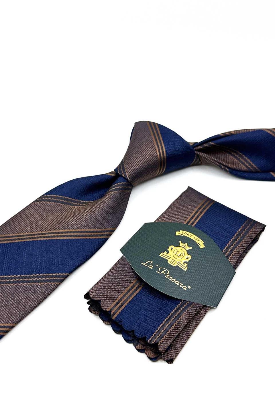Kahve - Lacivert Çizgi Desen Mendilli Klasik Kravat KK13148