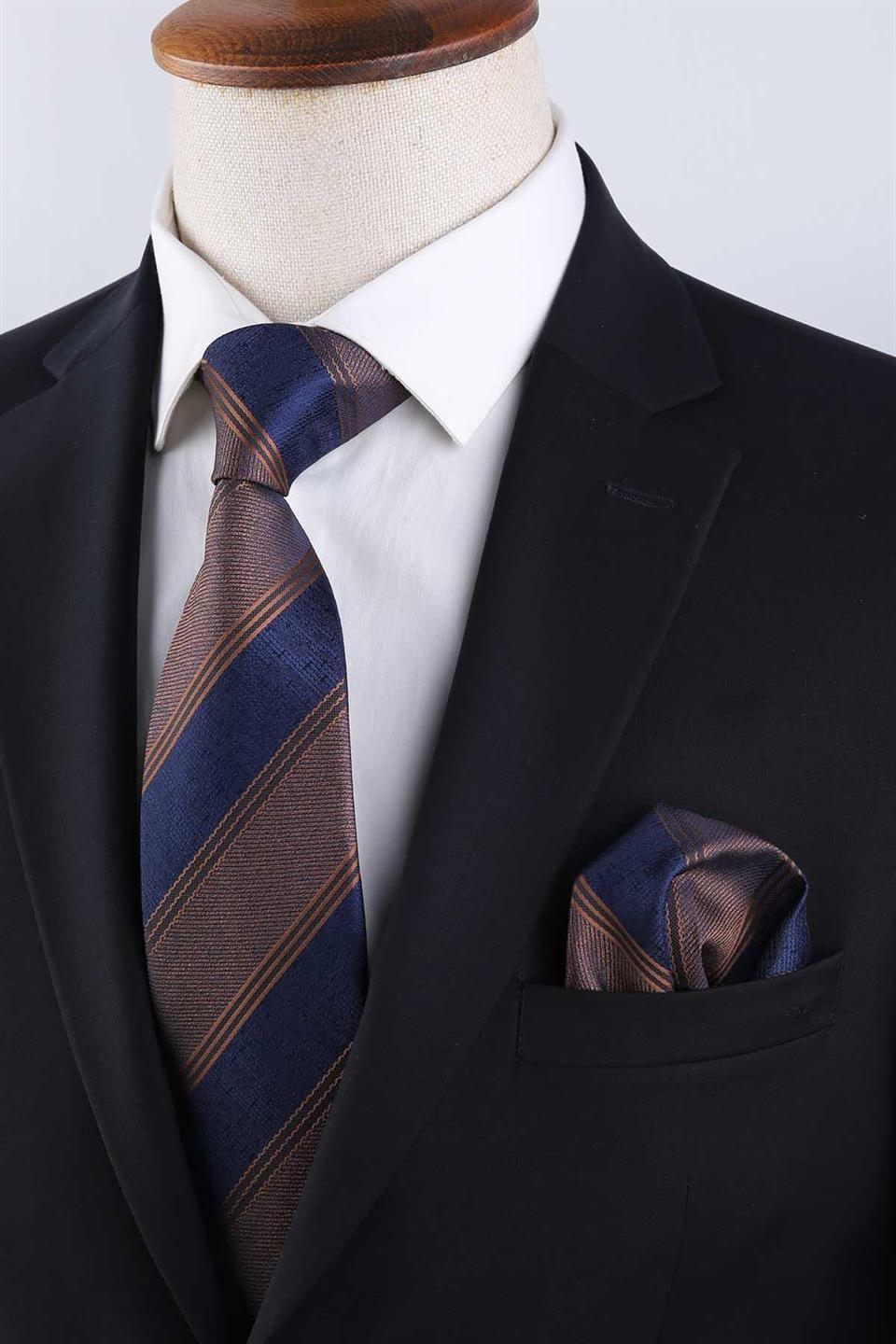 Kahve - Lacivert Çizgi Desen Mendilli Klasik Kravat KK13148