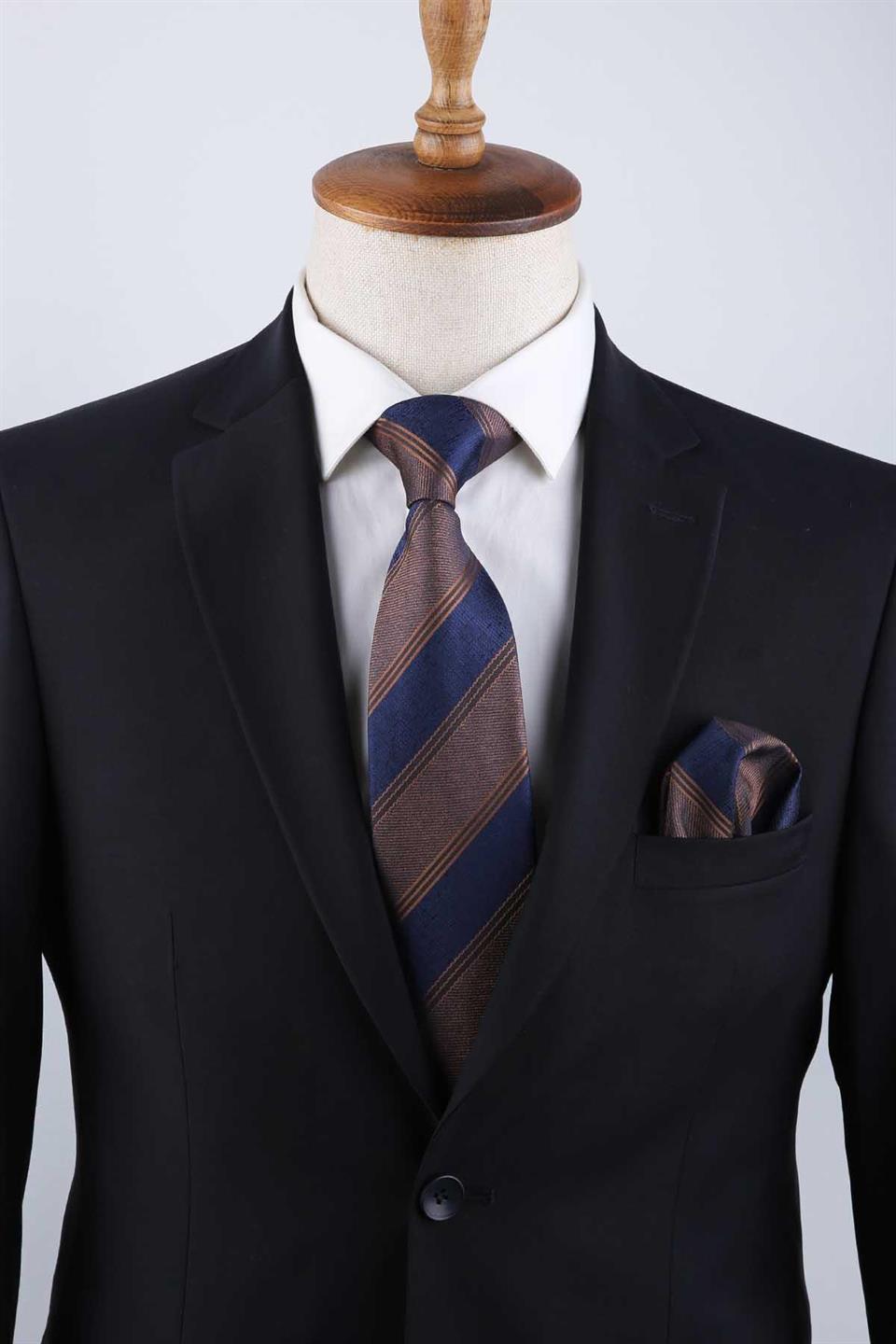 Kahve - Lacivert Çizgi Desen Mendilli Klasik Kravat KK13148