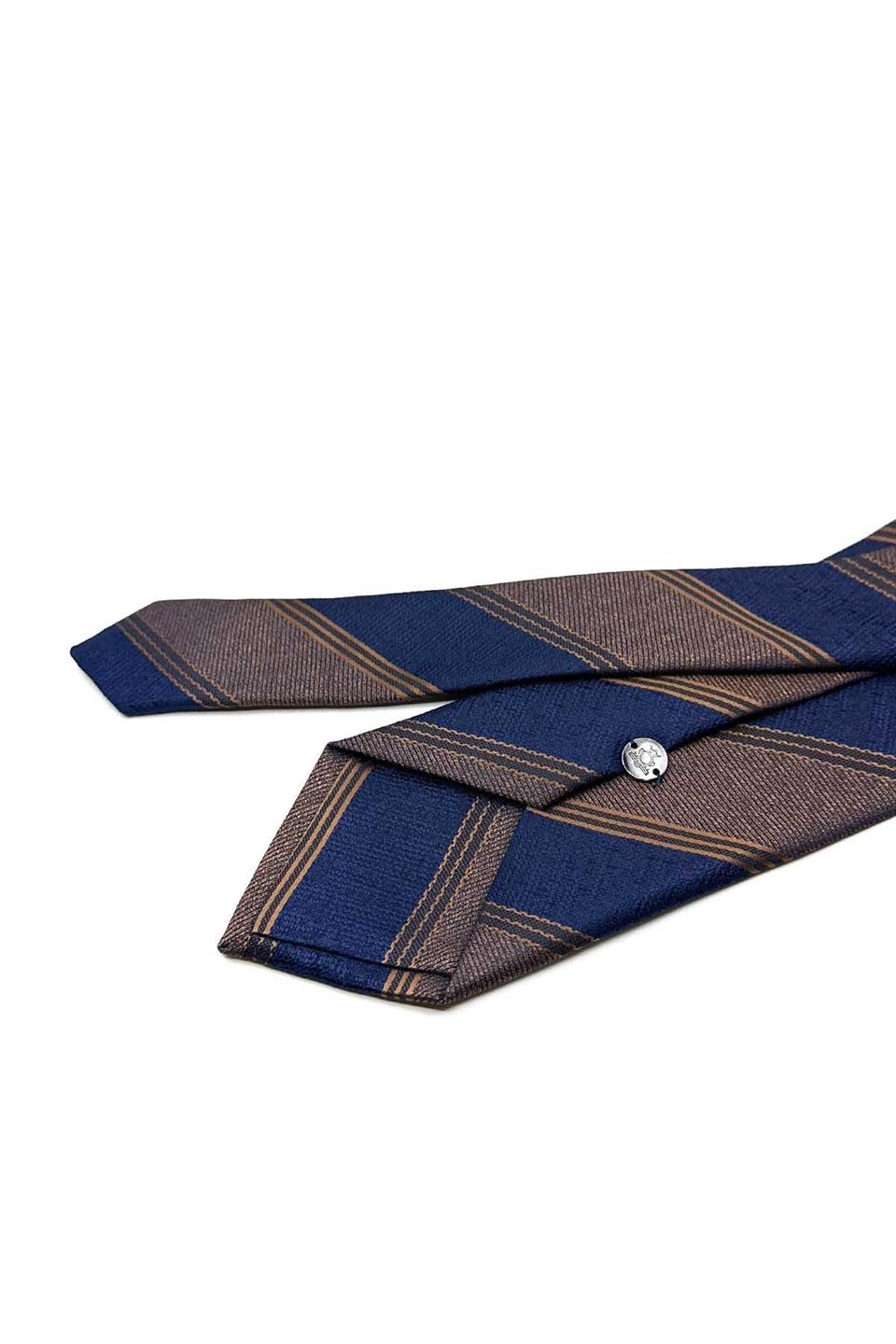 Kahve - Lacivert Çizgi Desen Mendilli Klasik Kravat KK13148