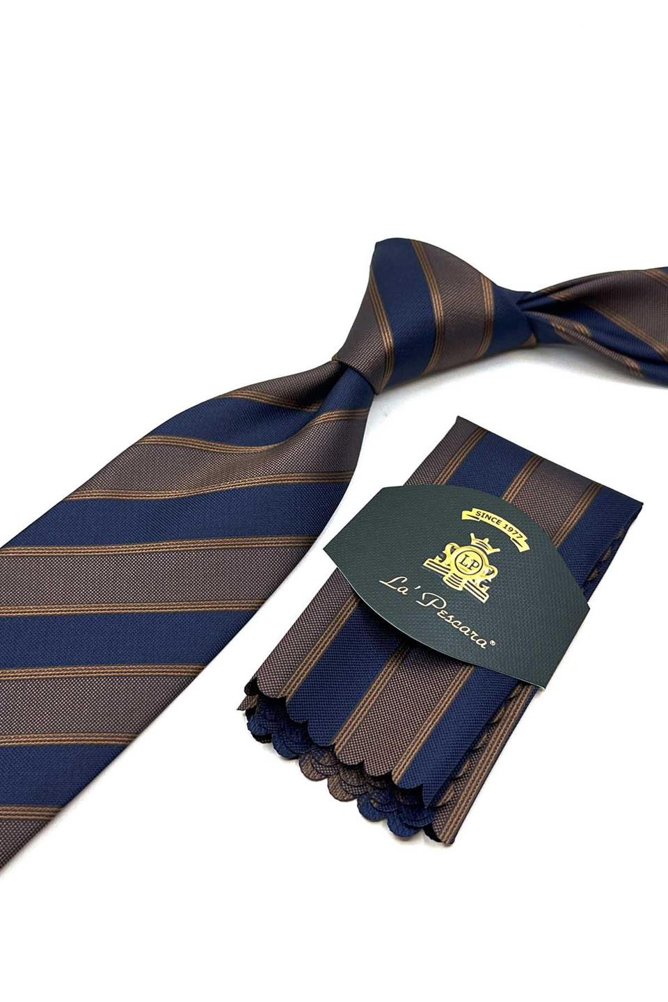 Kahve - Lacivert Çizgi Desen Mendilli Klasik Kravat KK12879