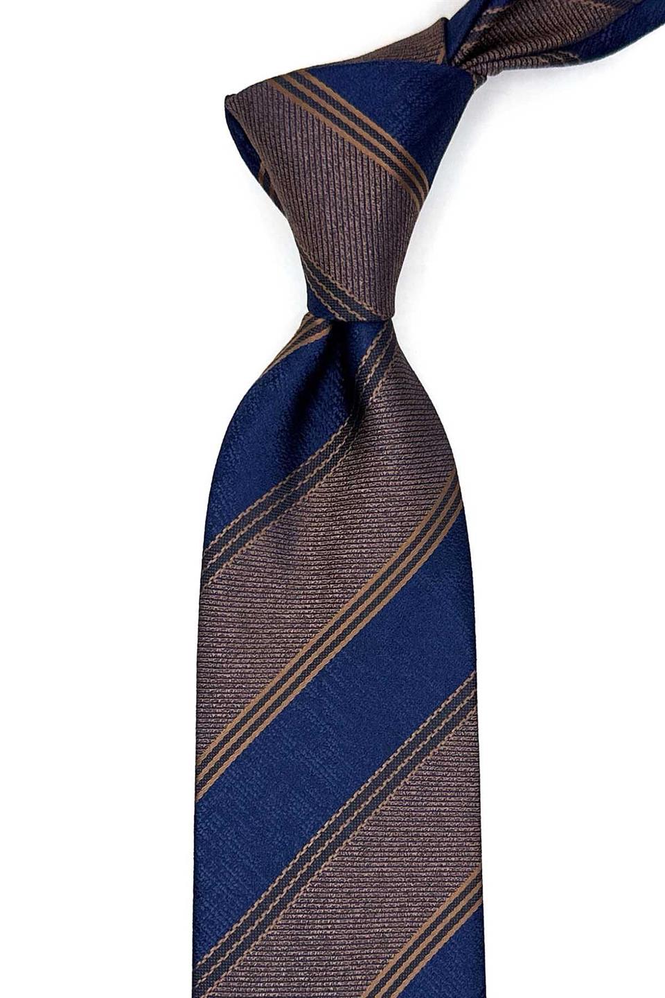 Kahve - Lacivert Çizgi Desen Mendilli Klasik Kravat KK13148